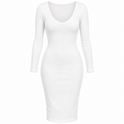 Women's White Ribbed Full Sleeve Bodycon Midi Dress