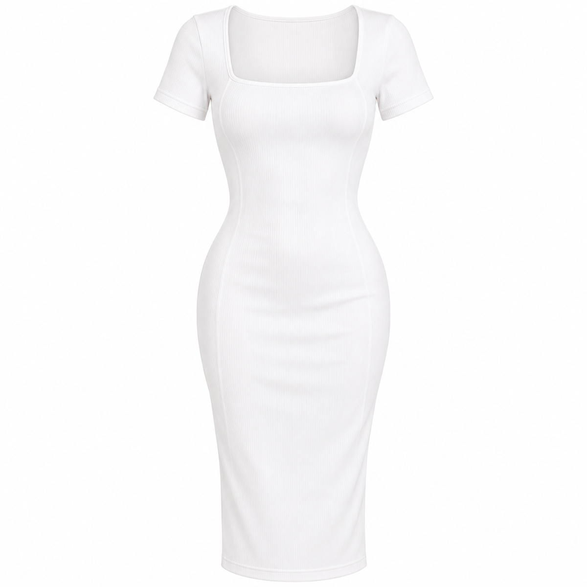 Women's White Square Neck Short Sleeve Bodycon Midi Dress