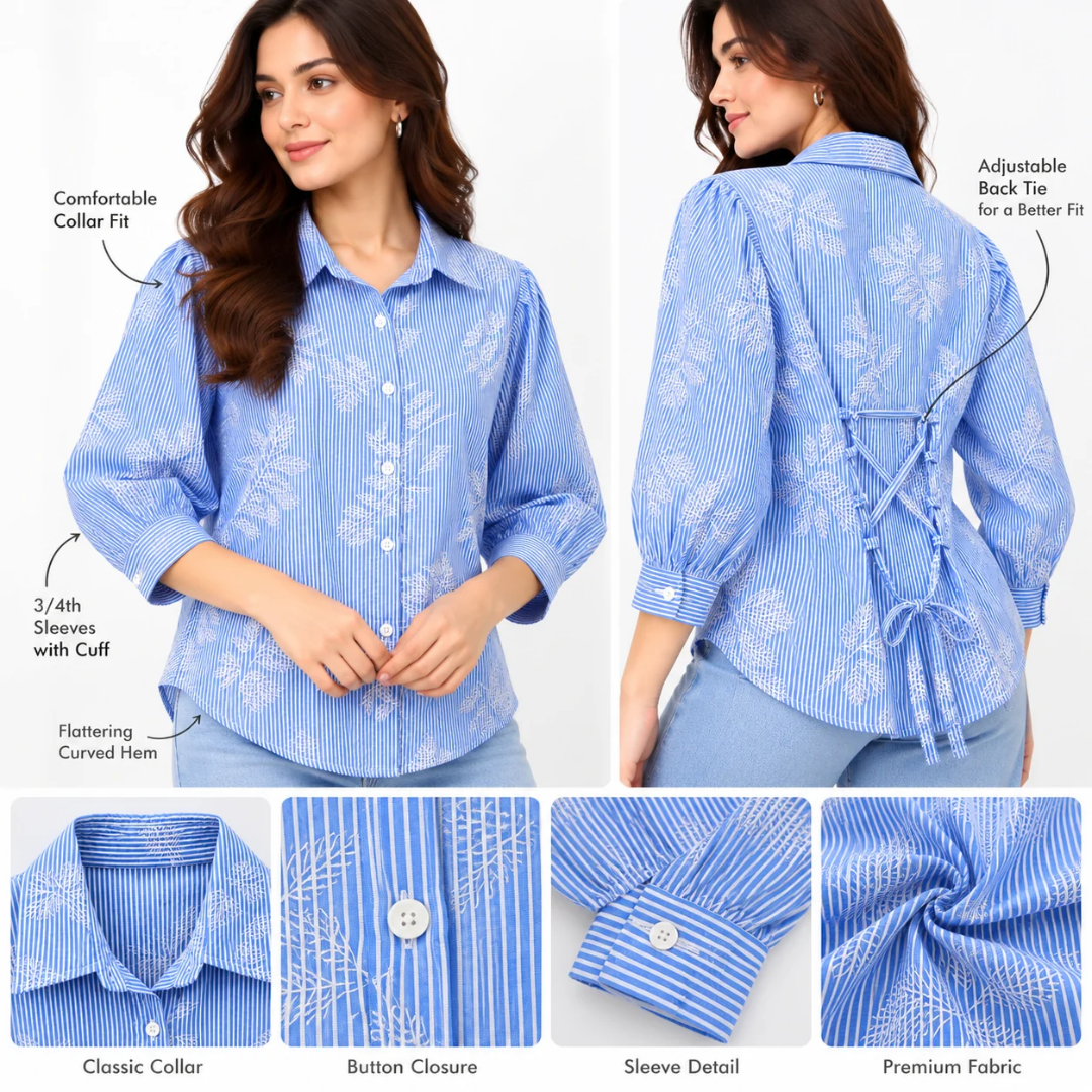 Women's Blue & White Striped Floral Print Button-Down Shirt