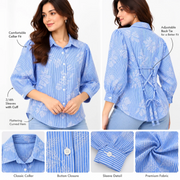 Women's Blue & White Striped Floral Print Button-Down Shirt