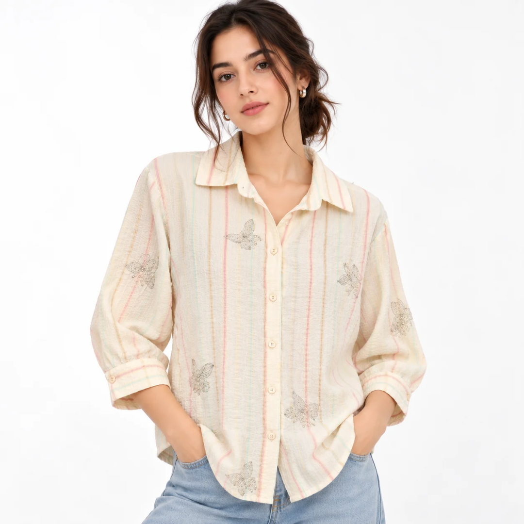 Women's White Floral Embroidered Button-Down Shirt