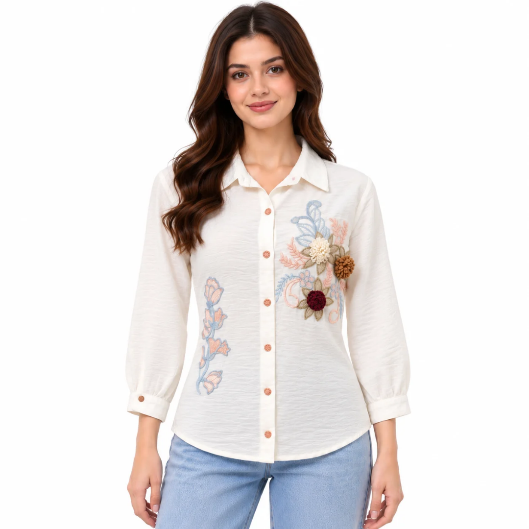 Women's White Floral Embroidered Button-Down Shirt
