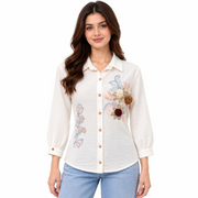 Women's White Floral Embroidered Button-Down Shirt