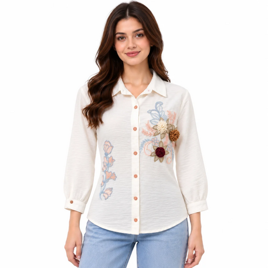 Women's White Floral Embroidered Button-Down Shirt