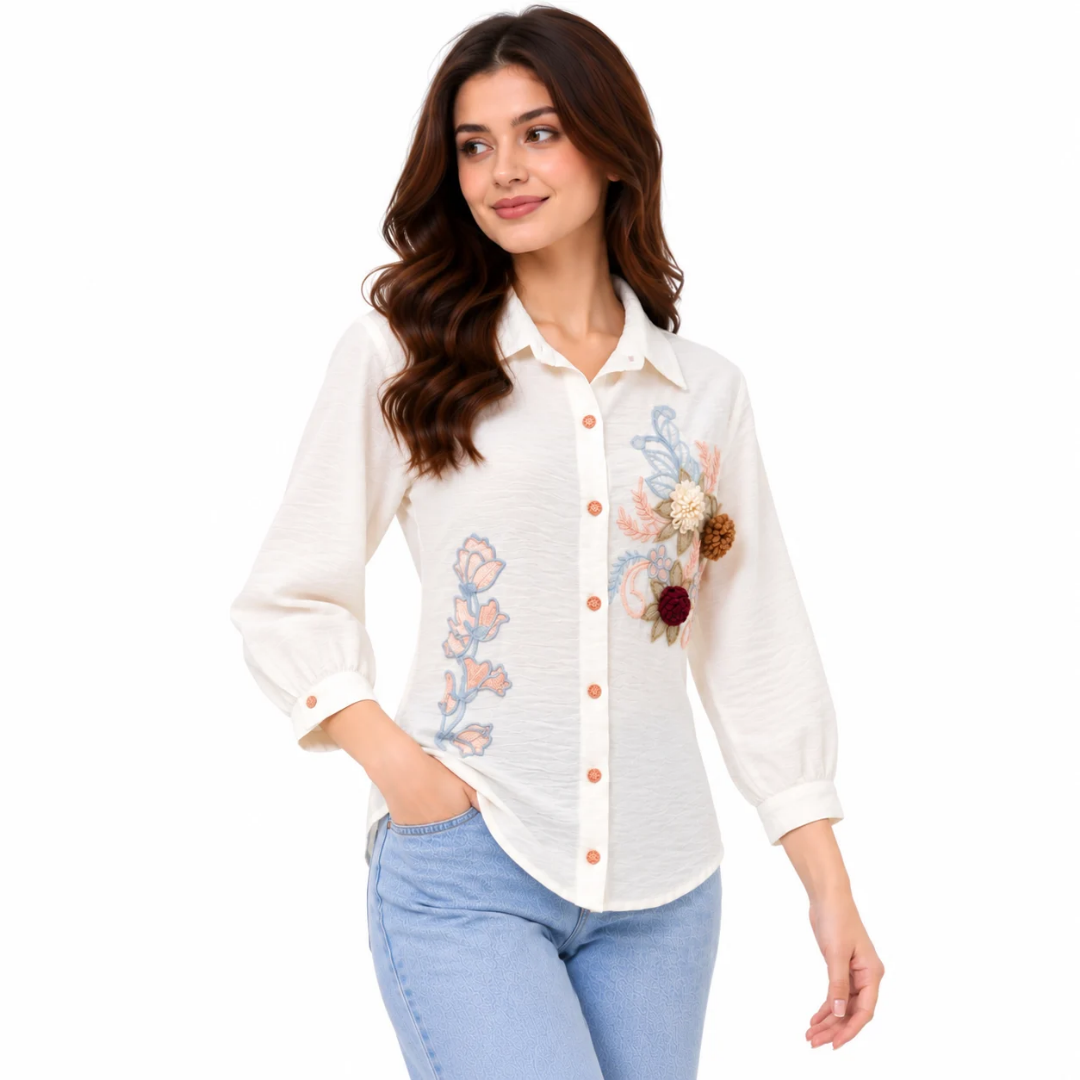 Women's White Floral Embroidered Button-Down Shirt