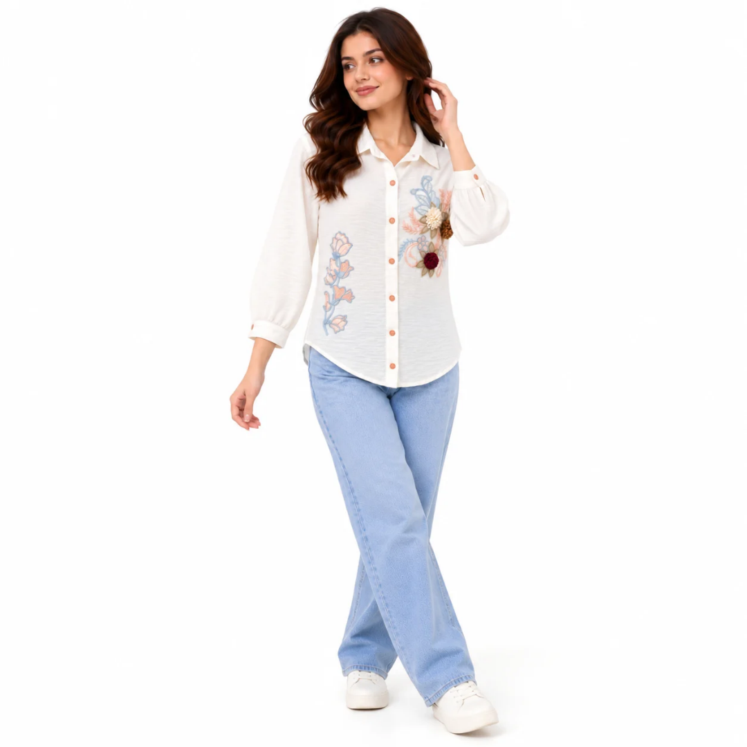 Women's White Floral Embroidered Button-Down Shirt