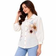 Women's White Floral Embroidered Button-Down Shirt