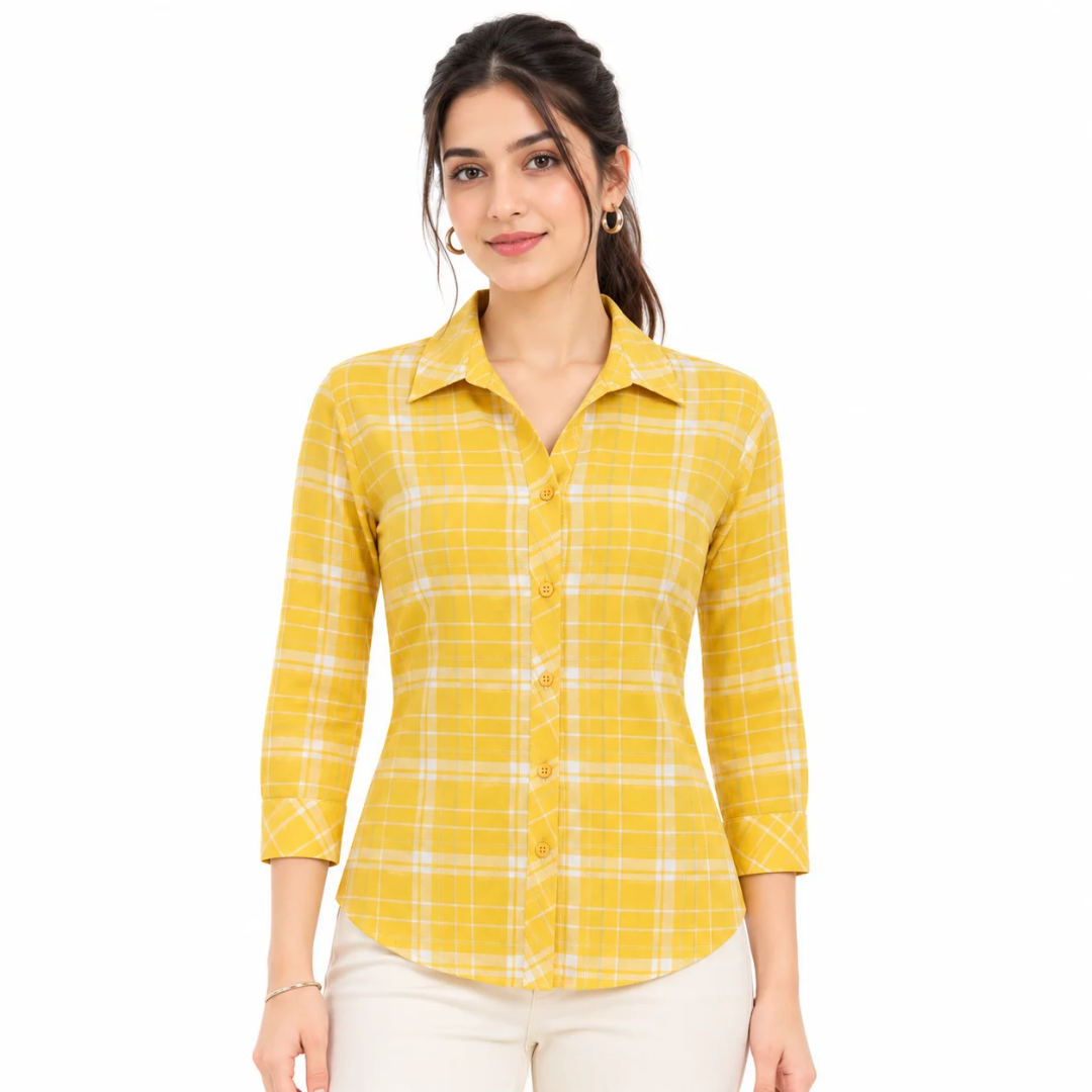 Women's Yellow & White Checkered Button-Down Shirt