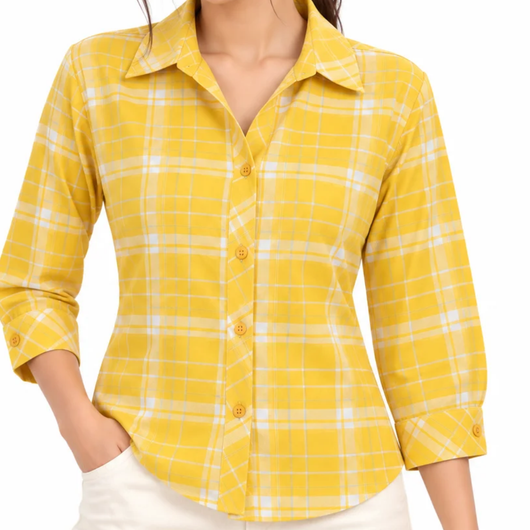 Women's Yellow & White Checkered Button-Down Shirt