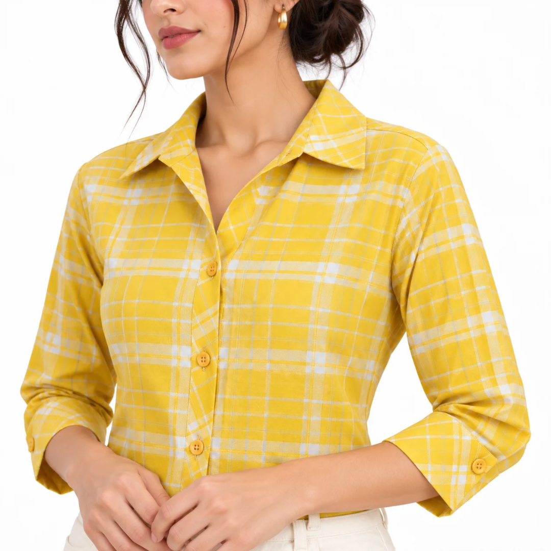 Women's Yellow & White Checkered Button-Down Shirt
