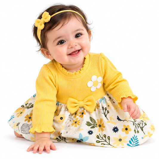 Baby Girls Yellow Floral Printed Frock & Pants Set