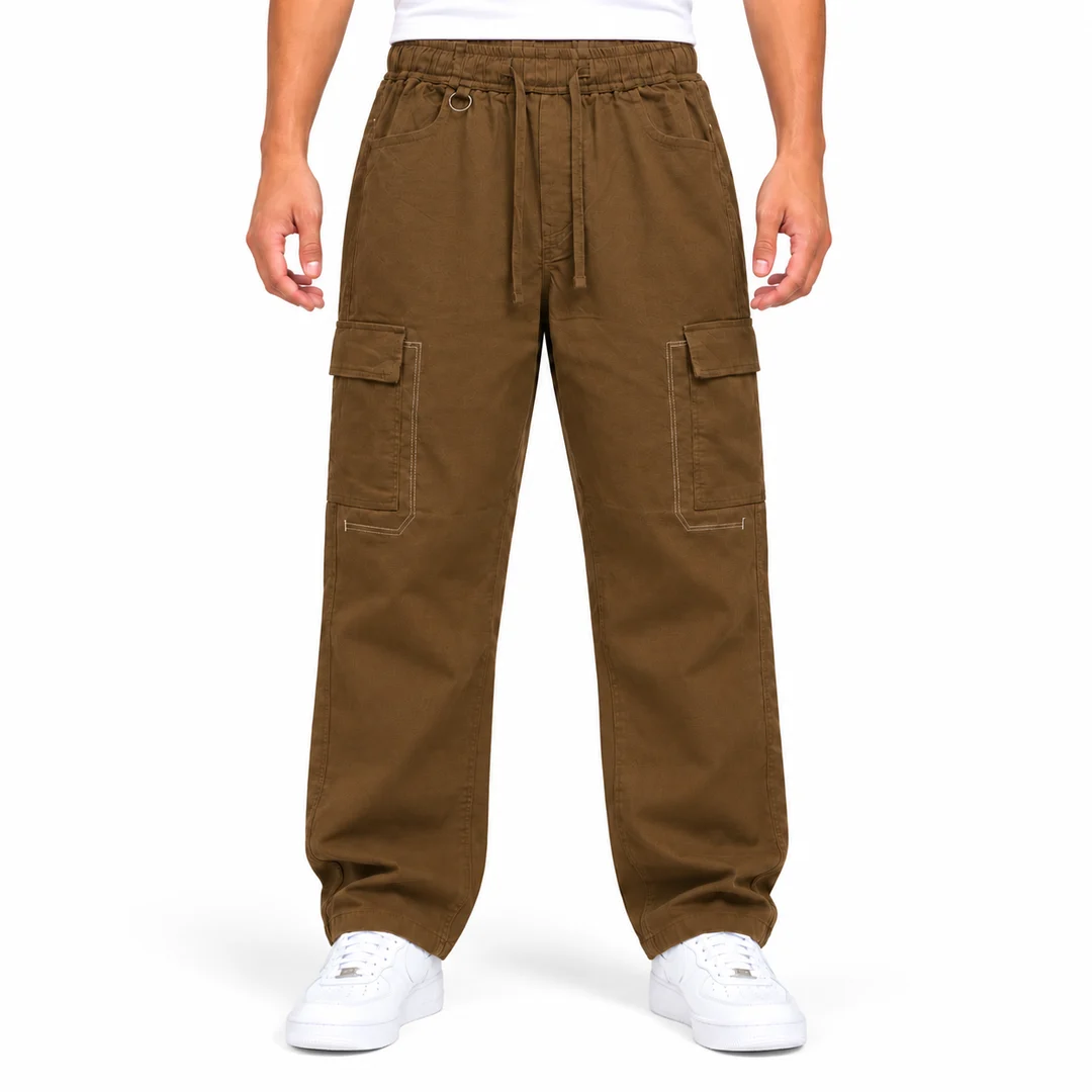 Men's Brown Relaxed Fit Cargo Trousers with Drawstring Waist