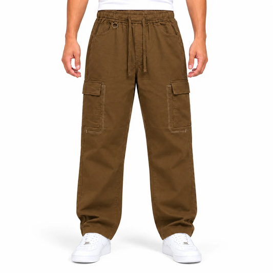 Men's Brown Relaxed Fit Cargo Trousers with Drawstring Waist