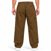 Men's Brown Relaxed Fit Cargo Trousers with Drawstring Waist