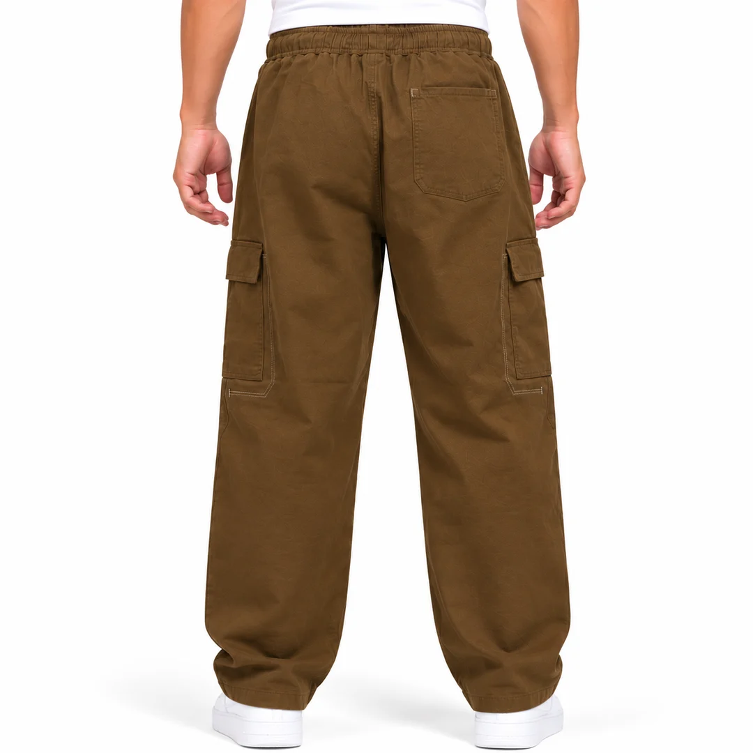 Men's Brown Relaxed Fit Cargo Trousers with Drawstring Waist