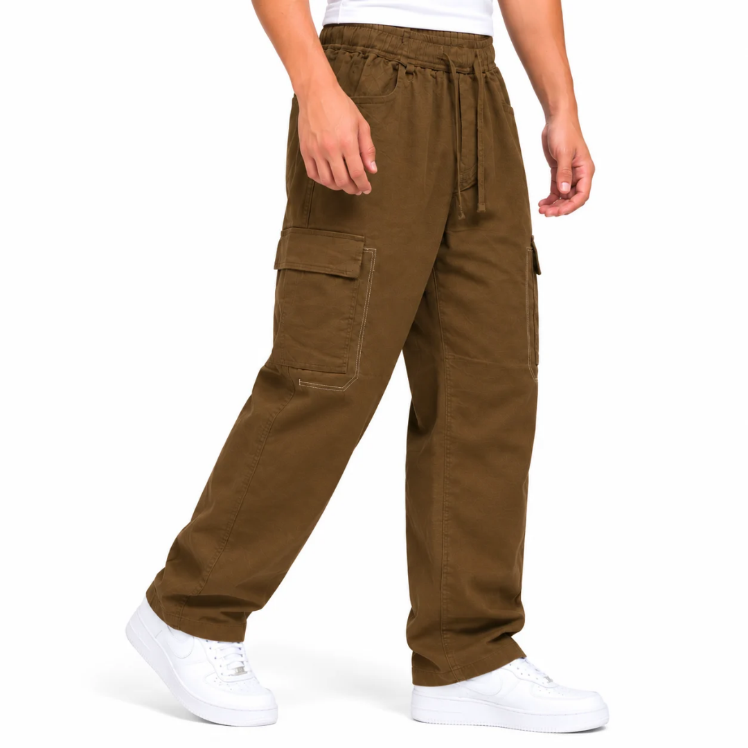 Men's Brown Relaxed Fit Cargo Trousers with Drawstring Waist