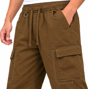 Men's Brown Relaxed Fit Cargo Trousers with Drawstring Waist