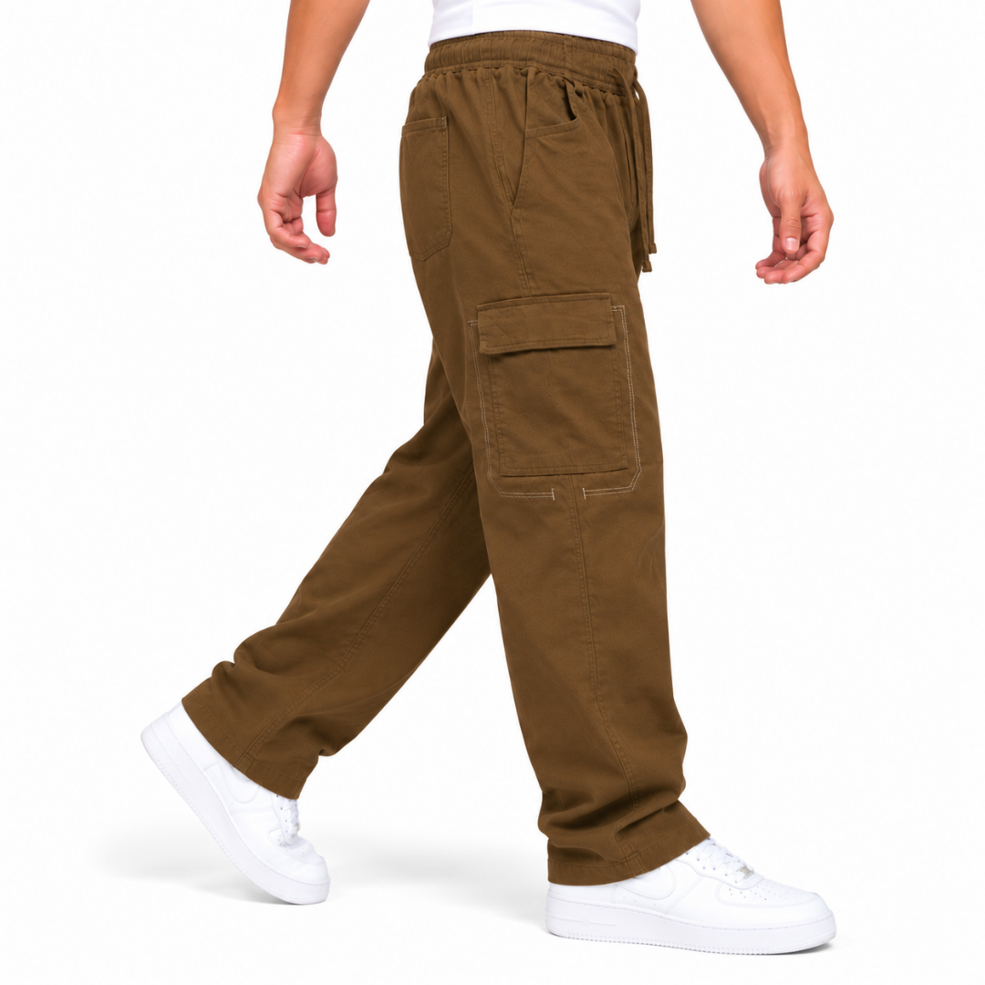 Men's Brown Relaxed Fit Cargo Trousers with Drawstring Waist