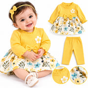 Baby Girls Yellow Floral Printed Frock & Pants Set