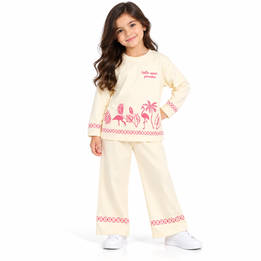 Girls' Cream Graphic Full-Sleeve Top and Matching Pant Set (5-11 years)