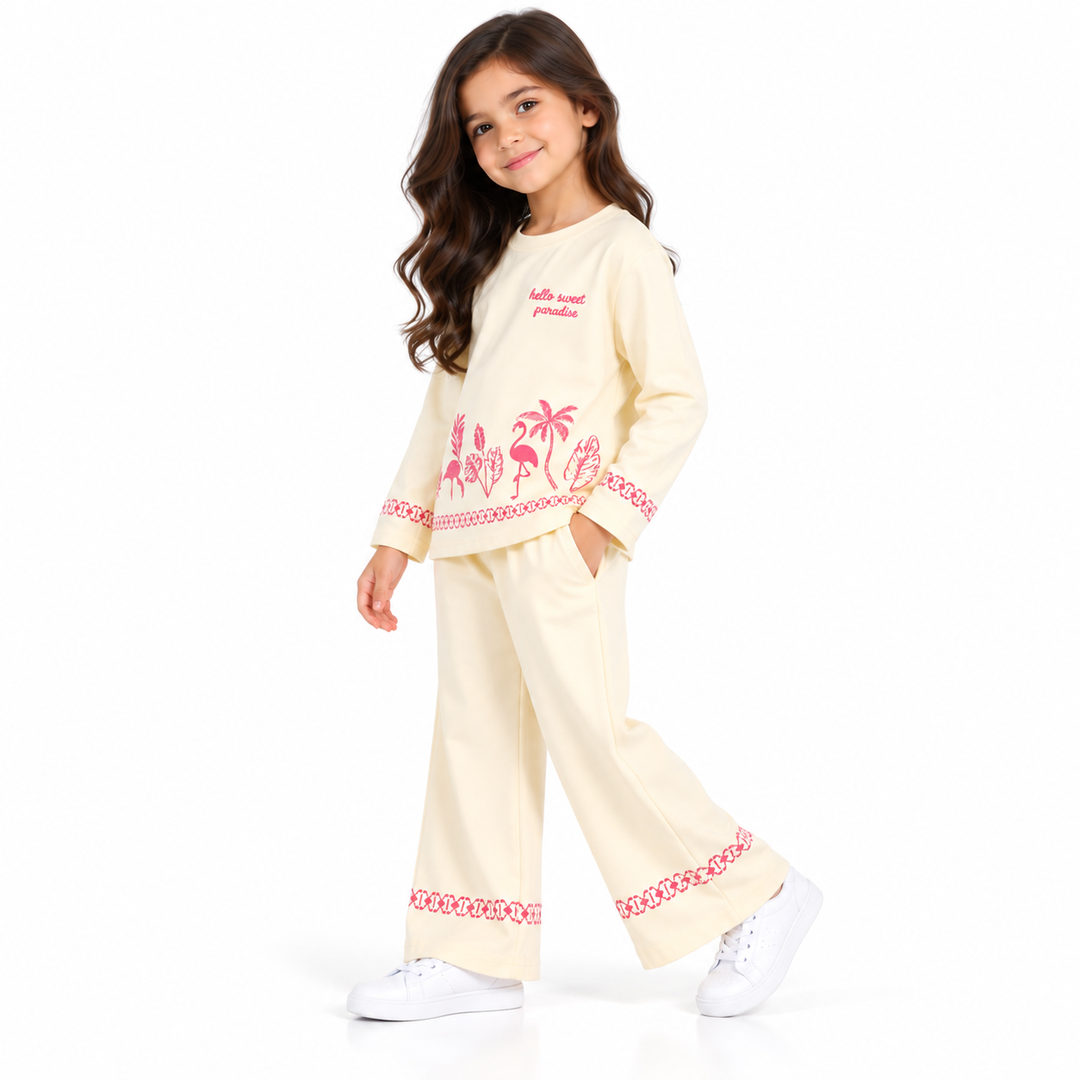 Girls' Cream Graphic Full-Sleeve Top and Matching Pant Set (5-11 years)