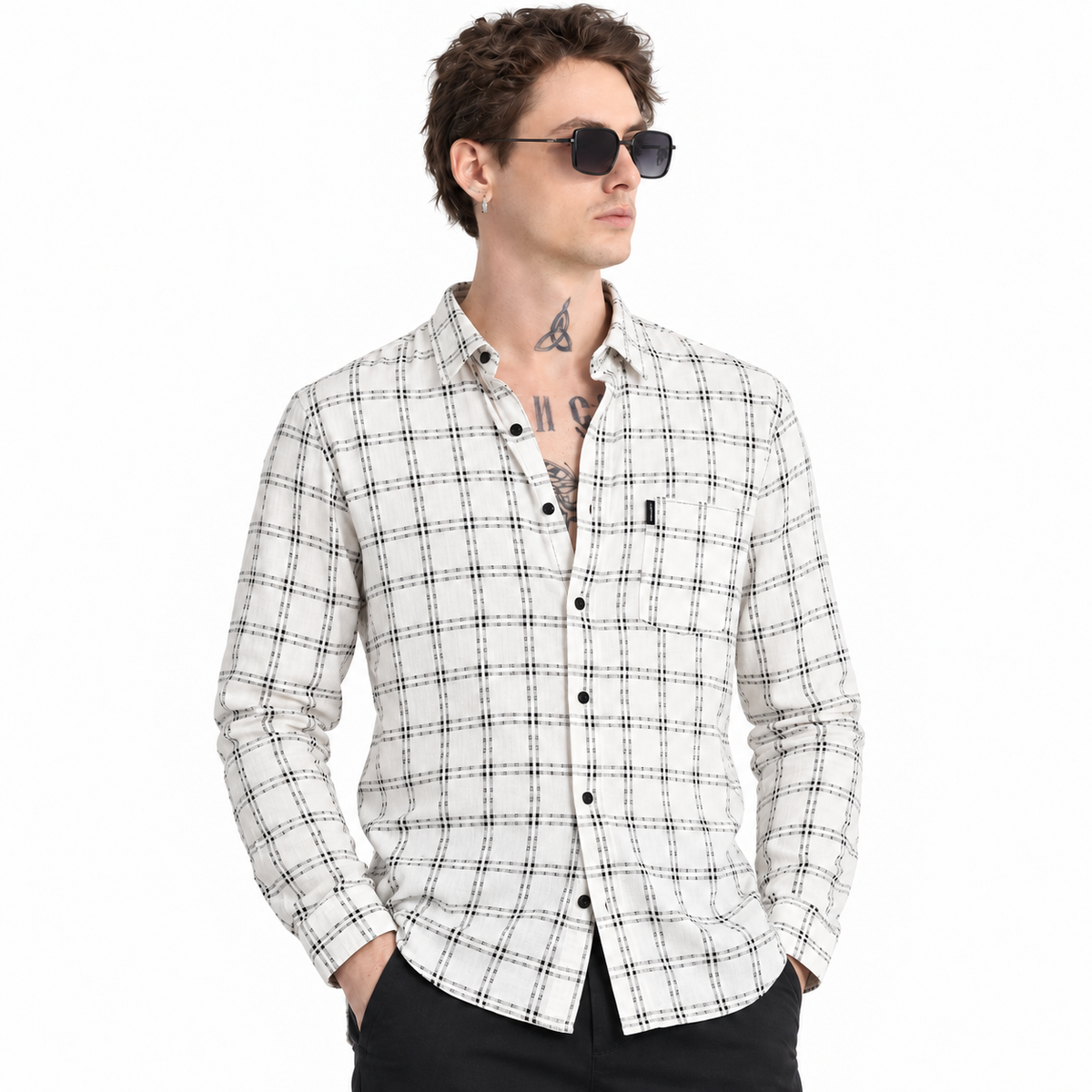 Men’s White & Black Geometric Check Full-Sleeve Shirt
