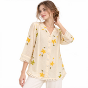Women's Cream Floral Print Lace-Trimmed Button-Down Top
