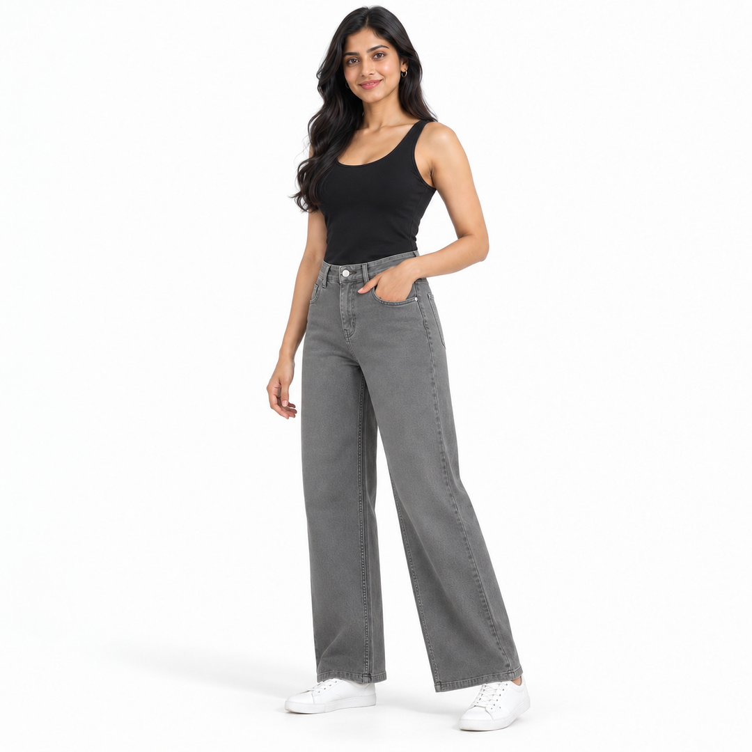 Women's High Rise Wide Leg Jeans (Grey)